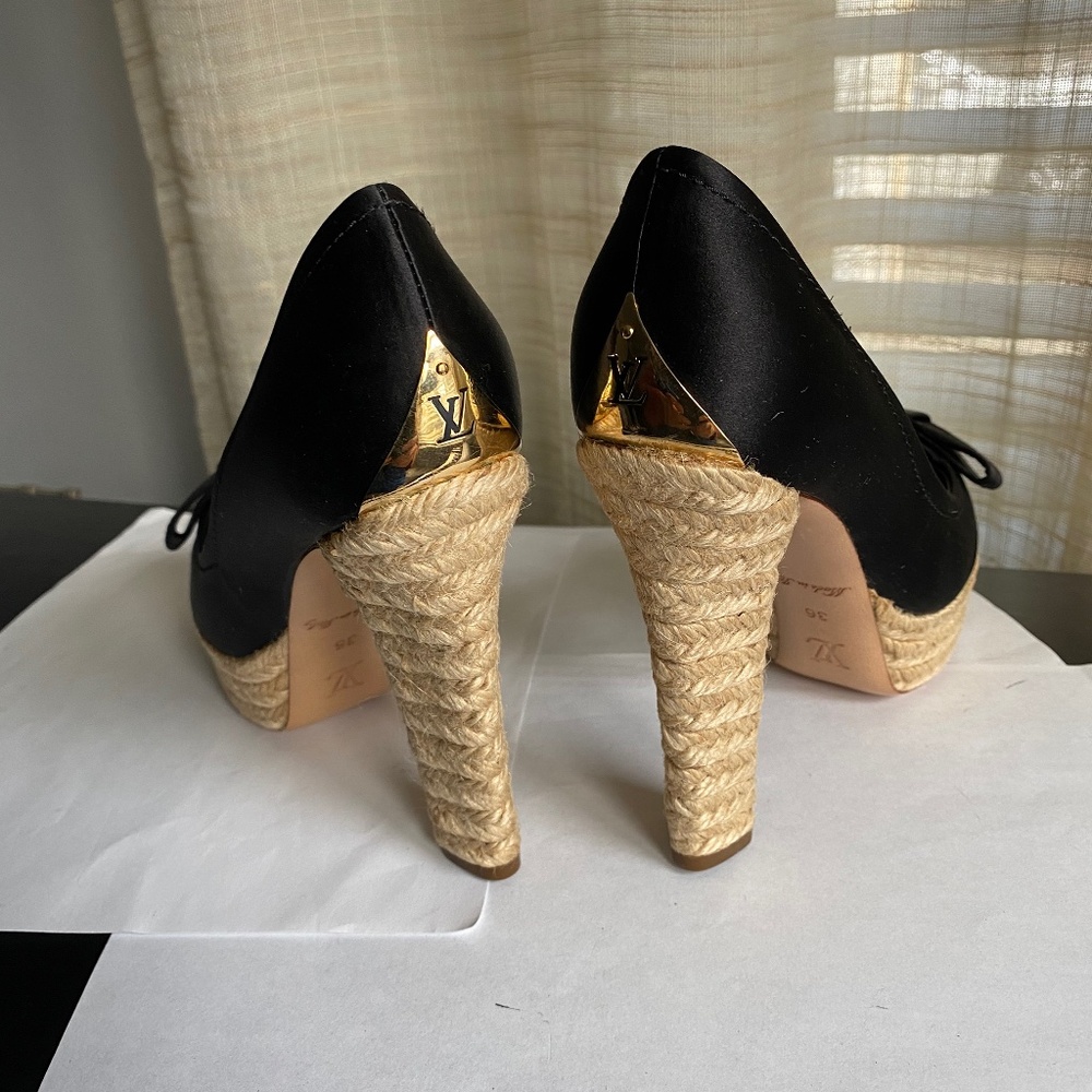 Louis Vuitton satin black espadrille clogs heels pumps platforms 36 Rivoli bow - Picture 2 of 12